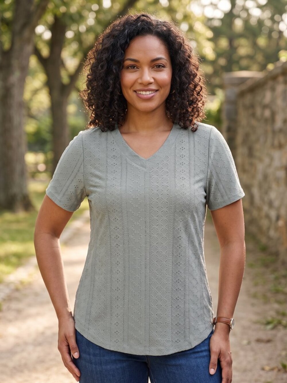 NWT | Fioris Sage Green Eyelet V-Neck Short Sleeve Top Large